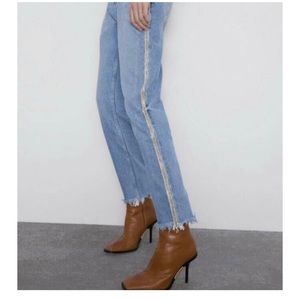 Zara mom fit gold beaded jeans.